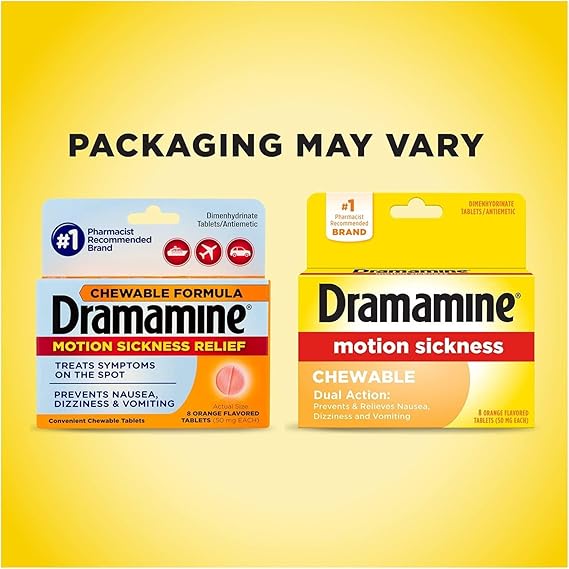 Dramamine Chewable Formula Motion Sickness Relief, 8 Orange Flavored Tablets