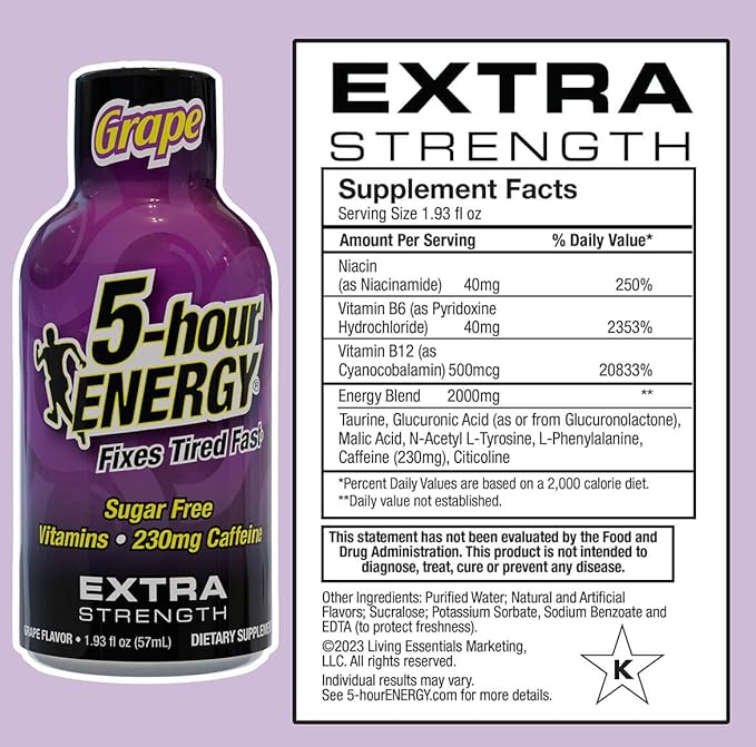 5-hour ENERGY Extra Strength Grape Energy Shot 1.93oz, 20-Pack – Sugar Free Caffeine Energy Booster with B-Vitamins & Amino Acids – Zero Calorie