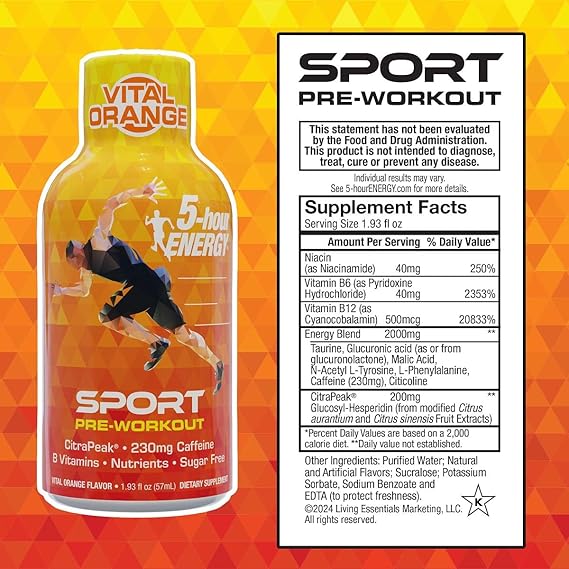 5-Hour Energy Extra Strength Sport Shots with Citra Peak, Vital Orange Flavor, Pre-Workout, 24 Count (1.93 fl oz)