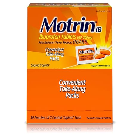 Motrin IB, Unit Dose Box of 100 (50 packs of 2) Coated Caplets