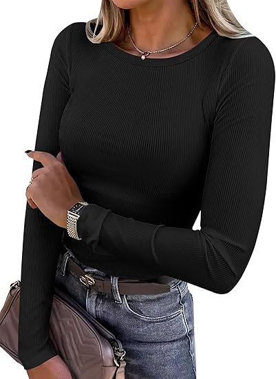 ANRABESS Women Long Sleeve Shirts Rib Knit Slim Fit Tops Basic Tee 2025