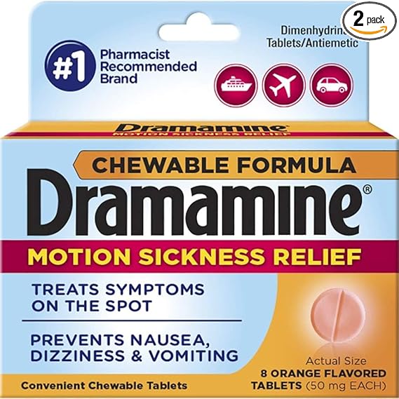 Dramamine Chewable Formula Motion Sickness Relief, 8 Orange Flavored Tablets