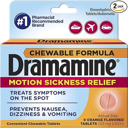 Dramamine Chewable Formula Motion Sickness Relief, 8 Orange Flavored Tablets