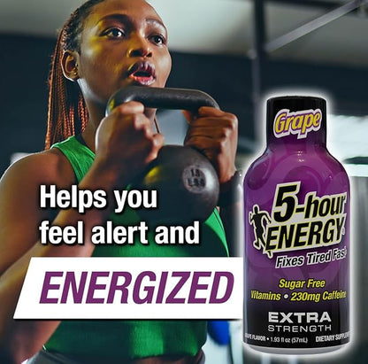 5-hour ENERGY Extra Strength Grape Energy Shot 1.93oz, 20-Pack – Sugar Free Caffeine Energy Booster with B-Vitamins & Amino Acids – Zero Calorie