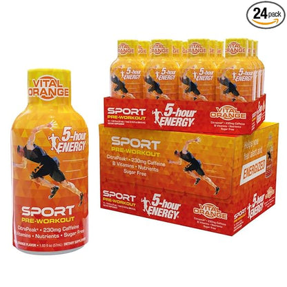 5-Hour Energy Extra Strength Sport Shots with Citra Peak, Vital Orange Flavor, Pre-Workout, 24 Count (1.93 fl oz)