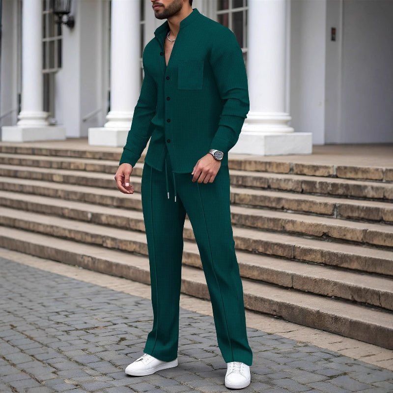 Men’s Casual Waffle Shirt Pants 2-Piece Set