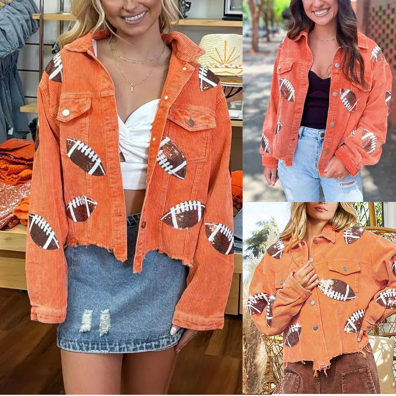 Women's Corduroy Jacket with Football Sequin Patch