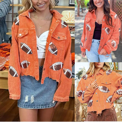 Women's Corduroy Jacket with Football Sequin Patch