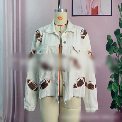 Women's Corduroy Jacket with Football Sequin Patch